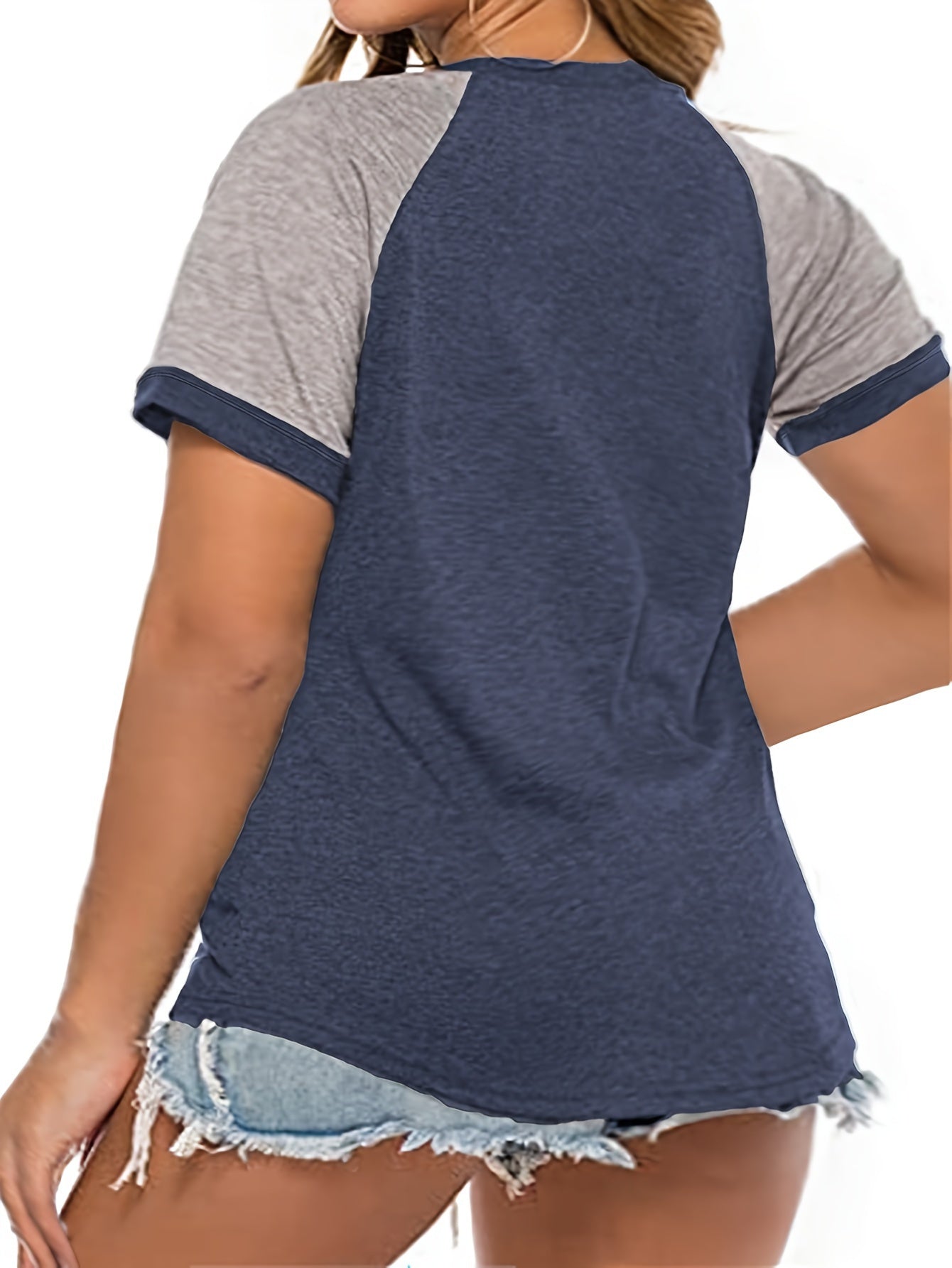 Plus o'lcham ayollar uchun T-shirt rang blok Raglan qisqa qo'l futbolka, kundalik kiyim