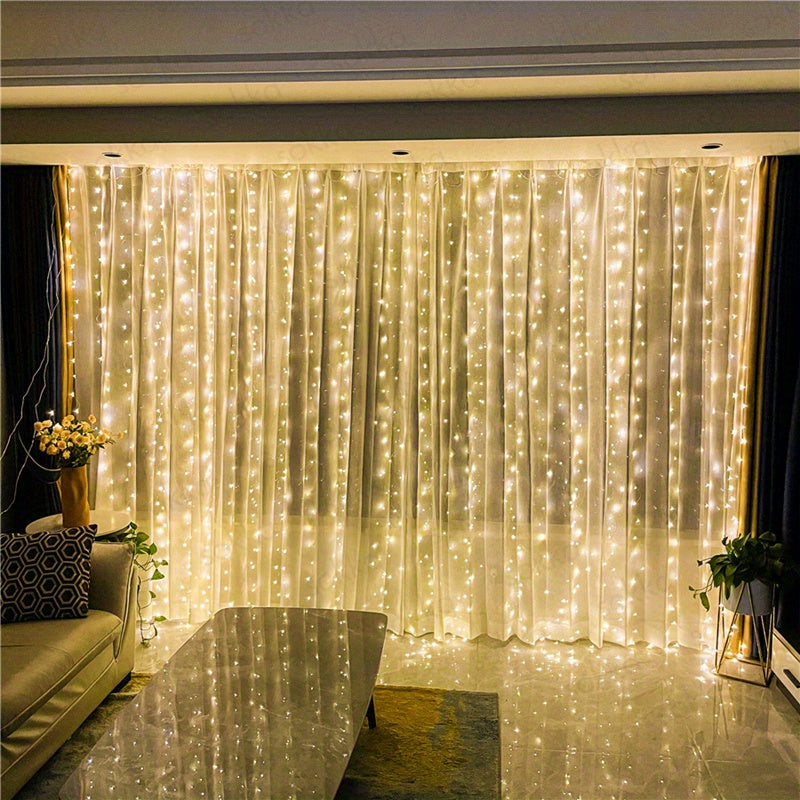 600 LED Fairy Curtain String Lights 5.97m USB Remote Control Yellow Garland for Home Decor