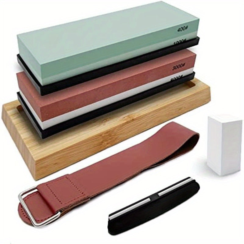 Set of 9 Kitchen Knife Sharpening Stones with Grits, Sharpening Kit, and Tools