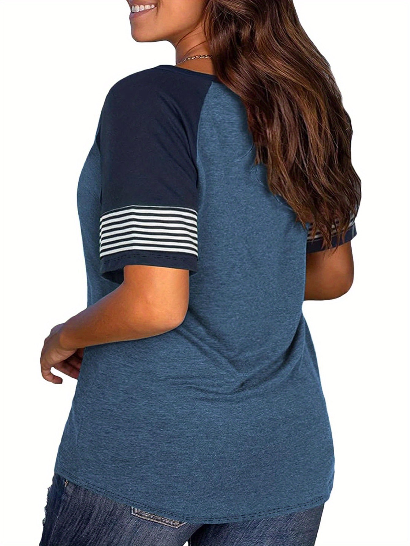 Plus Size Color Block Striped T-Shirt Casual Short Sleeve Top for Spring Summer Women