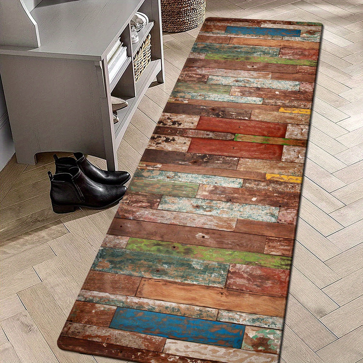 Retro uslubidagi oshxona matosi, chiziqli dizayn, qulaylik uchun yumshoq yostiq, namni so'radigan va sirpanmaydigan hammom pad, yozgi mavsumda yashash xonasi, yotoqxona, lavabo joyi, kir yuvish xonasi va uy kirish joyi dekoratsiyasi uchun ideal.