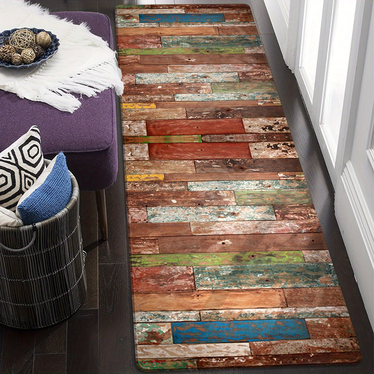 Retro uslubidagi oshxona matosi, chiziqli dizayn, qulaylik uchun yumshoq yostiq, namni so'radigan va sirpanmaydigan hammom pad, yozgi mavsumda yashash xonasi, yotoqxona, lavabo joyi, kir yuvish xonasi va uy kirish joyi dekoratsiyasi uchun ideal.