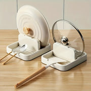 Foldable Kitchen Pot Lid Holder with Utensil Rest, Space-Saving Cookware Organizer