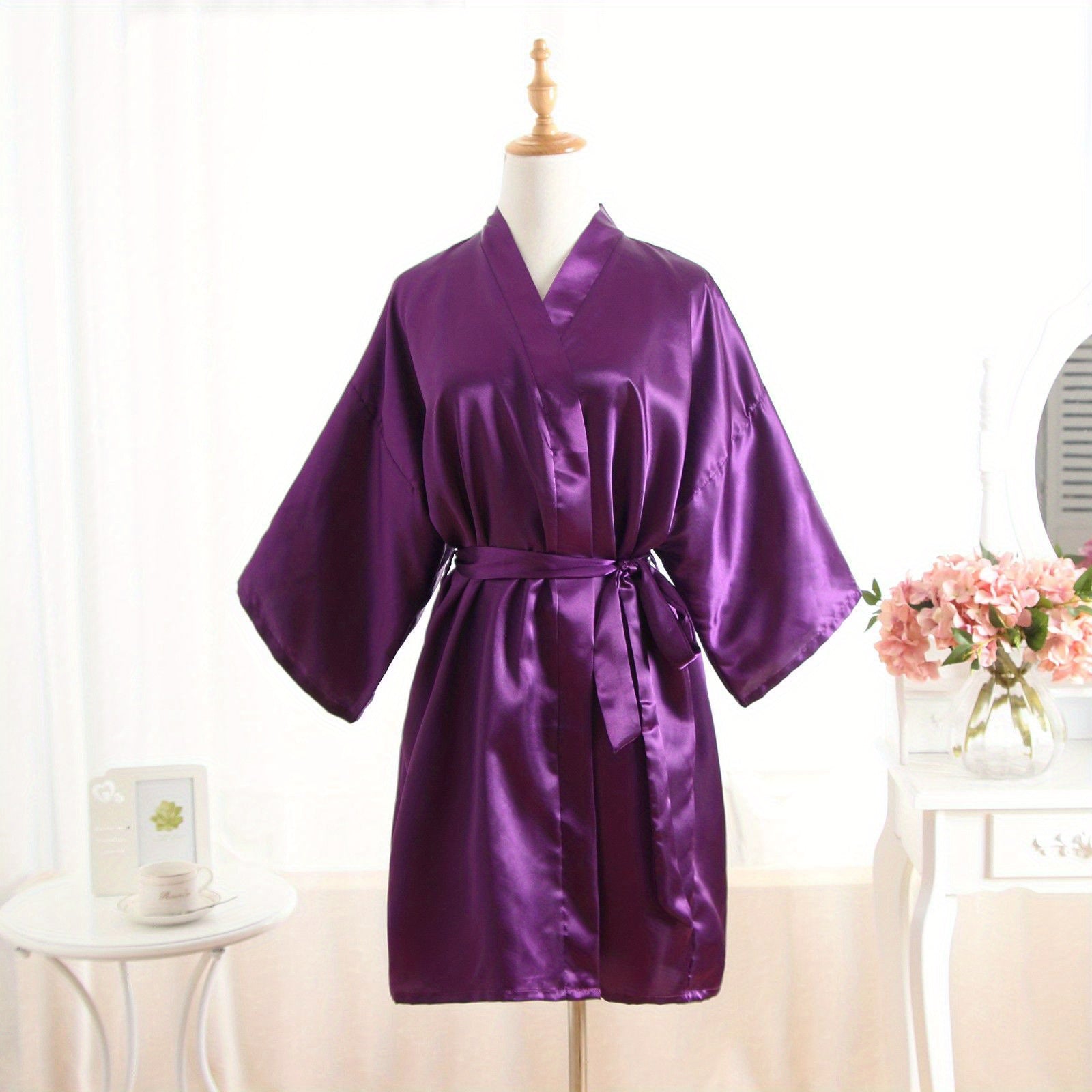 Женский свадебный халат кимоно, пеньюар с поясом, рукава 3/4