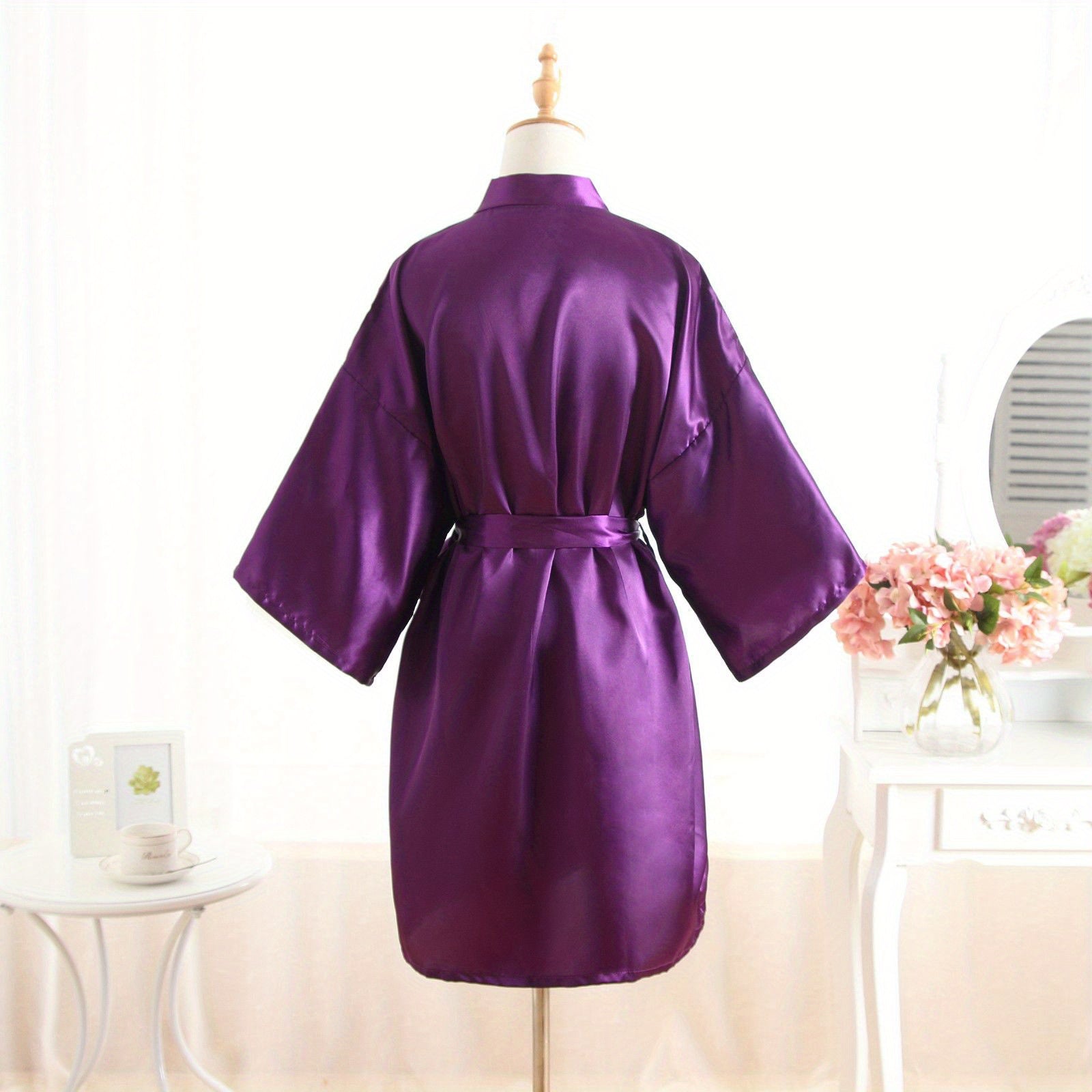 Women's Bridal Robe Kimono Dressing Gown Sleepwear with Belt 3/4 Sleeve