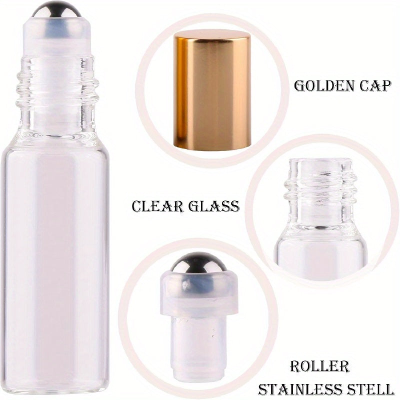 100pcs 5ml Clear Glass Roller Bottles with Opener Funnel Dropper Golden Cap for Essential Oils