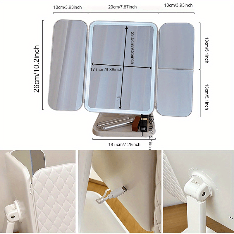 Tri-Fold Makeup Mirror with LED Lights and 270° Rotation for Vanity and Gift