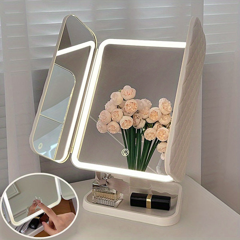 Tri-Fold Makeup Mirror with LED Lights and 270° Rotation for Vanity and Gift