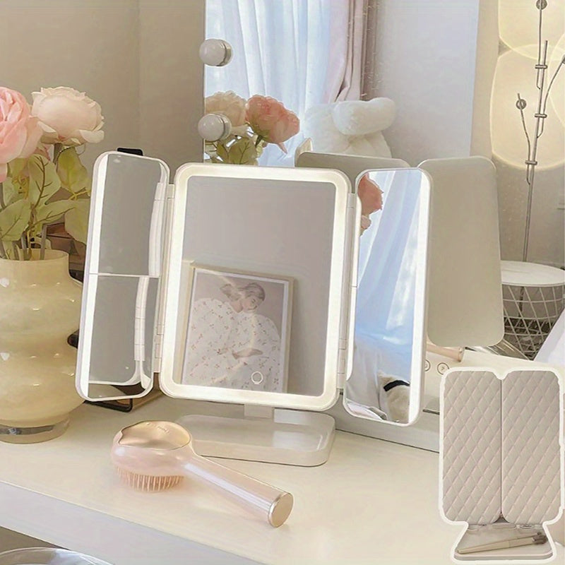 Tri-Fold Makeup Mirror with LED Lights and 270° Rotation for Vanity and Gift