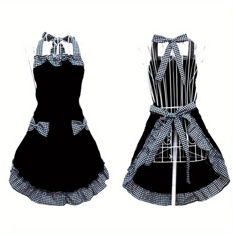 Регулируемый халтерный фартук в клетку с бантом и кружевом, идеален для уборки дома, готовки на кухне, выпечки, садоводства, кейтеринга, работы в молочном и чайном магазине - однослойный униформный фартук
