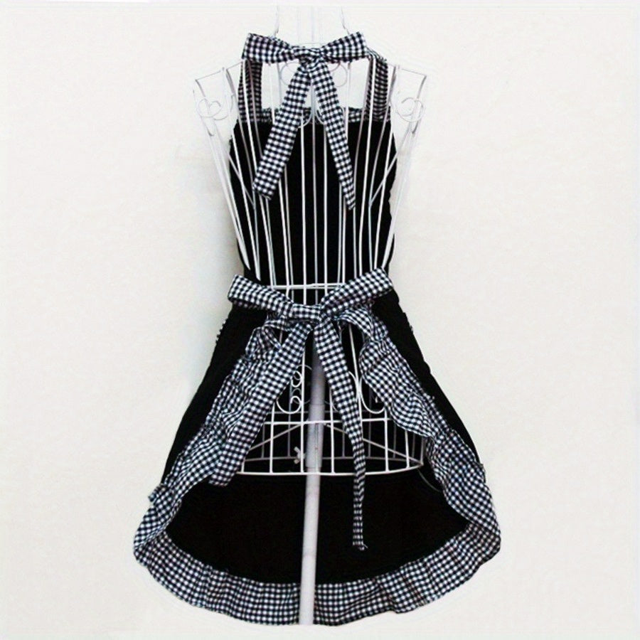 Adjustable Plaid Bowknot Lace Apron for Kitchen Cooking Baking Gardening