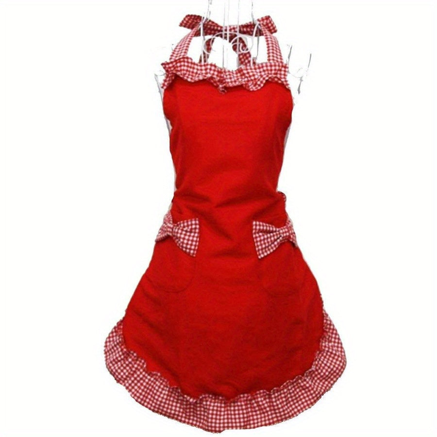 Adjustable Plaid Bowknot Lace Apron for Kitchen Cooking Baking Gardening