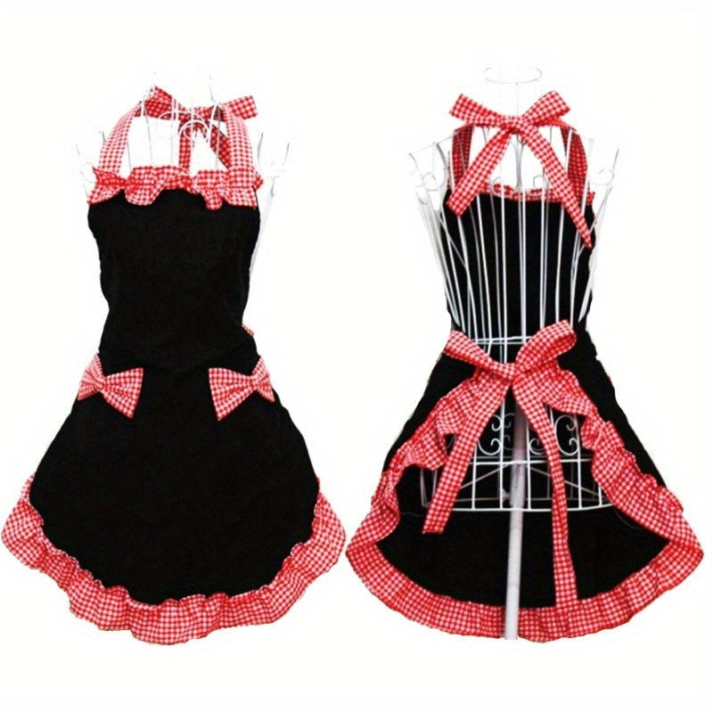 Регулируемый халтерный фартук в клетку с бантом и кружевом, идеален для уборки дома, готовки на кухне, выпечки, садоводства, кейтеринга, работы в молочном и чайном магазине - однослойный униформный фартук