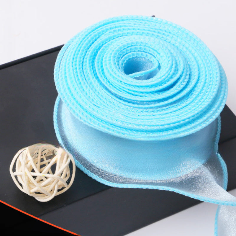 Sheer Wired Organza Ribbon with Floral and Gold Edge for Gift Wrapping and Crafts