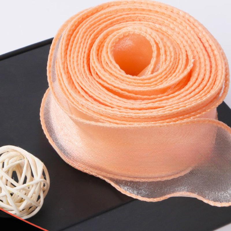 Sheer Wired Organza Ribbon with Floral and Gold Edge for Gift Wrapping and Crafts