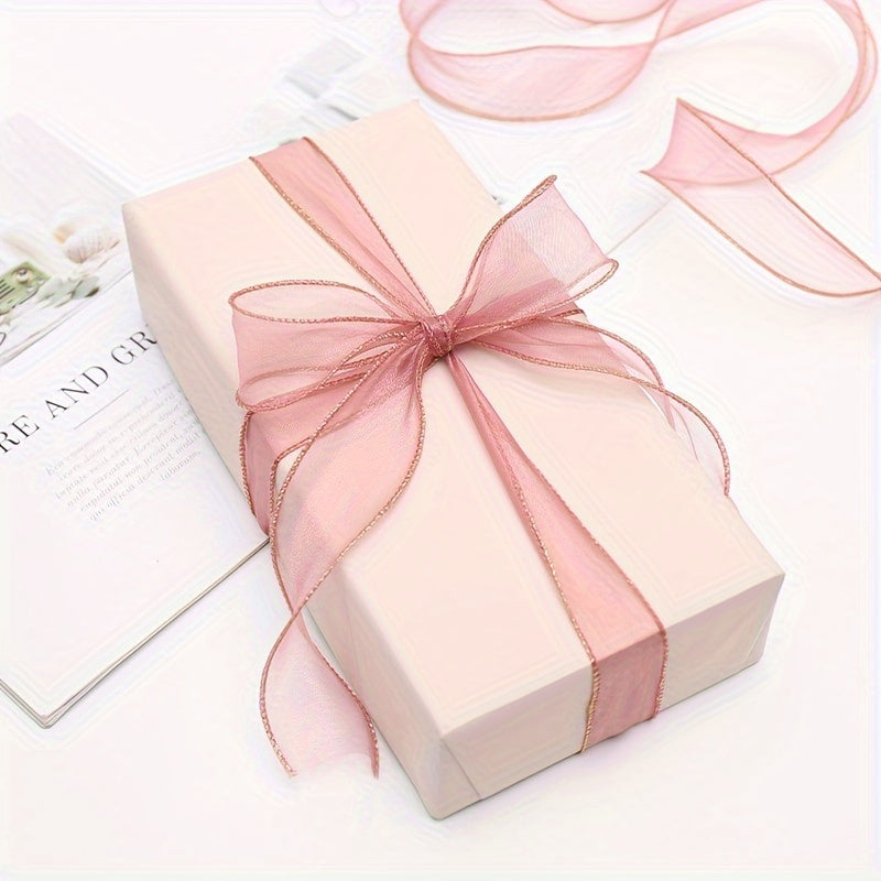 Sheer Wired Organza Ribbon with Floral and Gold Edge for Gift Wrapping and Crafts