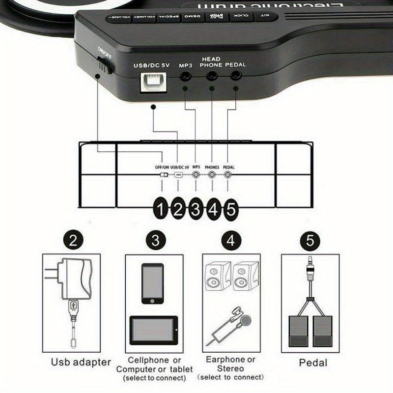 Kompakt USB elektron baraban to'plami, haqiqiy ovoz uchun silikon padlar bilan, hip-hop va jazz chiqishlari uchun ideal, aksessuarlar, olib yurish sumkasi bilan birga, partiyalar uchun yoki tug'ilgan kun sovg'asi sifatida ajoyib.