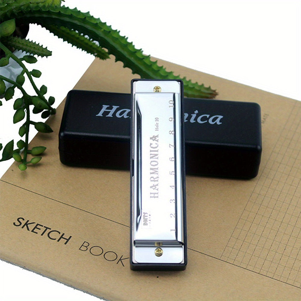10-Hole Chromatic Harmonica for Beginners with Case Black Gold Silver