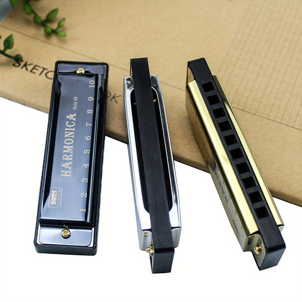 10-Hole Chromatic Harmonica for Beginners with Case Black Gold Silver