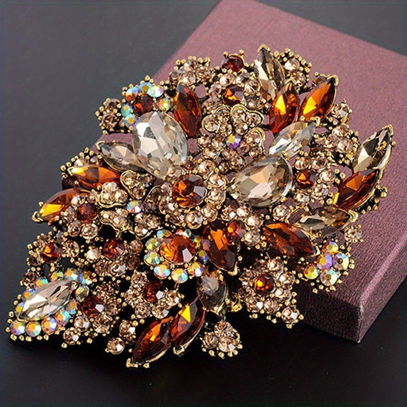 Retro Crystal Glass Brooch for Men Large Multicolor Rhinestones Luxury Elegant