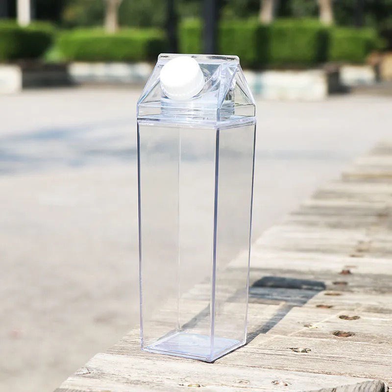 Juego de botellas de agua de plástico con diseño de caja de leche para beber portátil