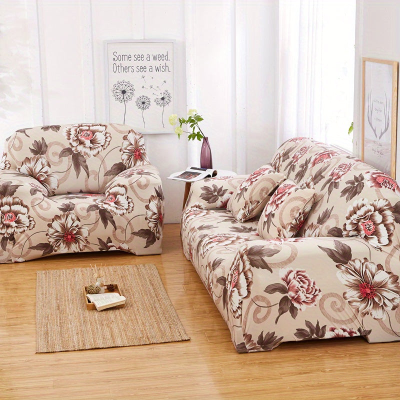 Stretchable Sofa Cover Set with Elastic Loops Wavy Pattern Polyester Spandex Removable Cushion