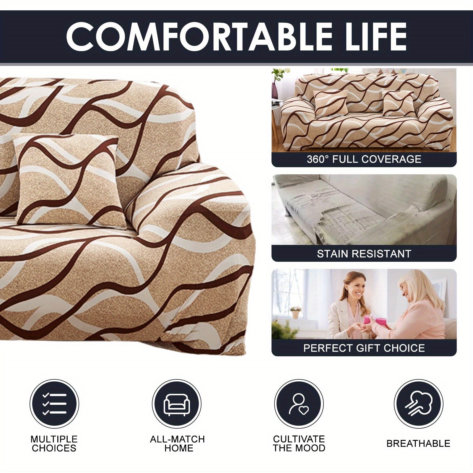 Stretchable Sofa Cover Set with Elastic Loops Wavy Pattern Polyester Spandex Removable Cushion