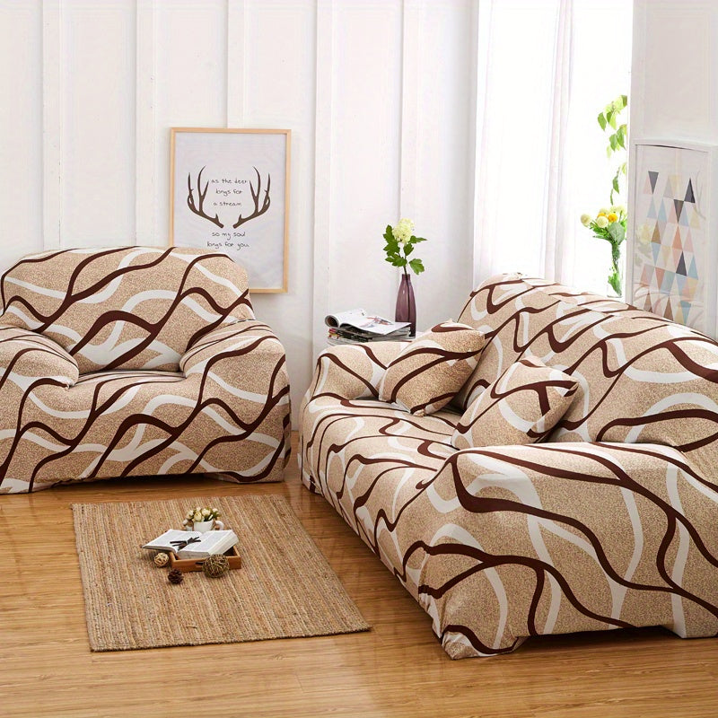 Stretchable Sofa Cover Set with Elastic Loops Wavy Pattern Polyester Spandex Removable Cushion