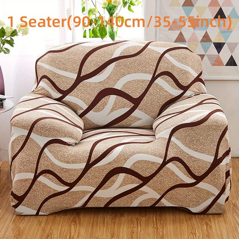 Stretchable Sofa Cover Set with Elastic Loops Wavy Pattern Polyester Spandex Removable Cushion