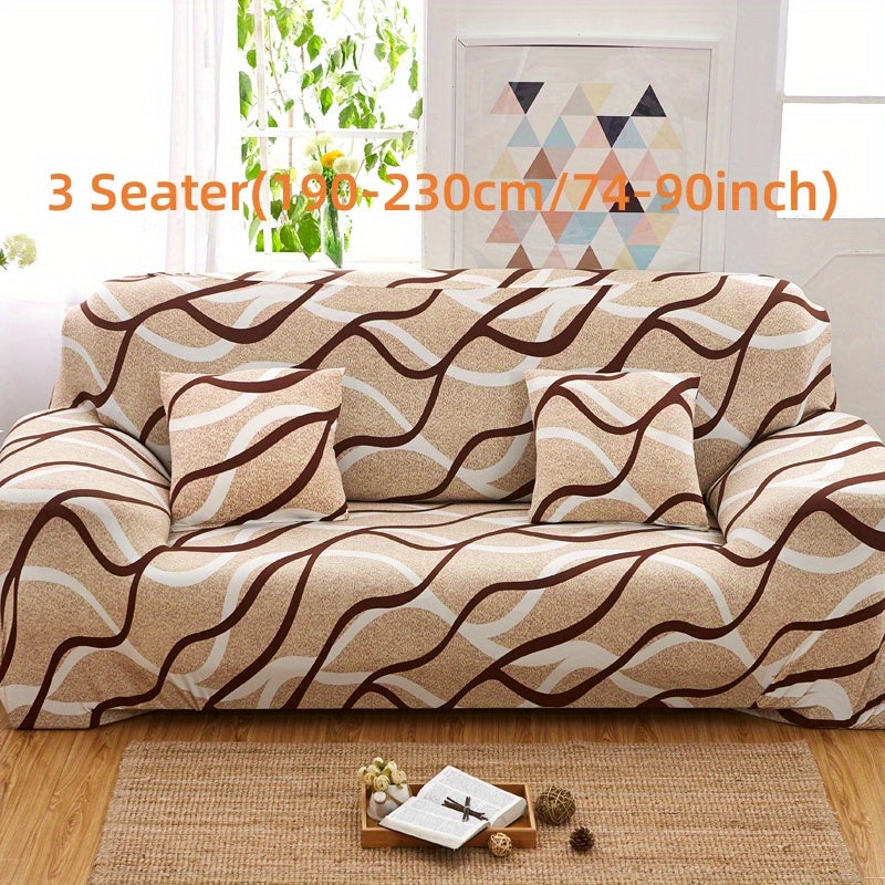 Stretchable Sofa Cover Set with Elastic Loops Wavy Pattern Polyester Spandex Removable Cushion