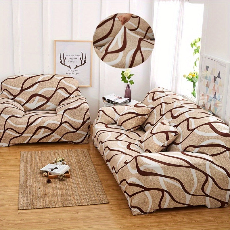 Stretchable Sofa Cover Set with Elastic Loops Wavy Pattern Polyester Spandex Removable Cushion