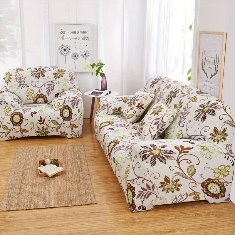 Stretchable Sofa Cover Set with Elastic Loops Wavy Pattern Polyester Spandex Removable Cushion