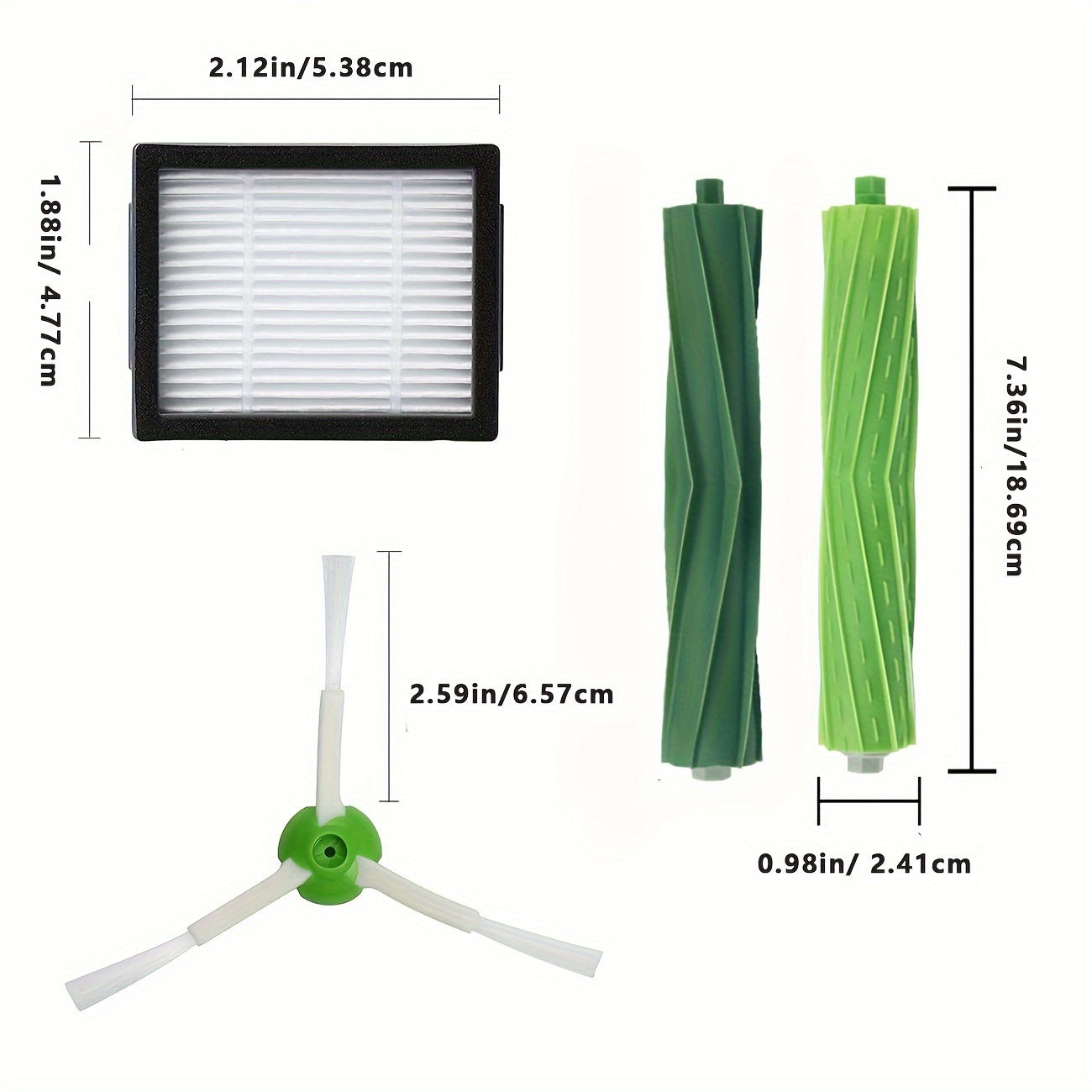 IRobot bilan mos keladigan vakuum aksessuarlar to'plami 1 to'plam ikki tomonlama ko'p yuzali kauchuk cho'tkalar, 3 ta HEPA filtr va 4 ta chetni tozalovchi cho'tkalarni o'z ichiga oladi. O'rnatish oson, batareyani almashtirish talab qilinmaydi.