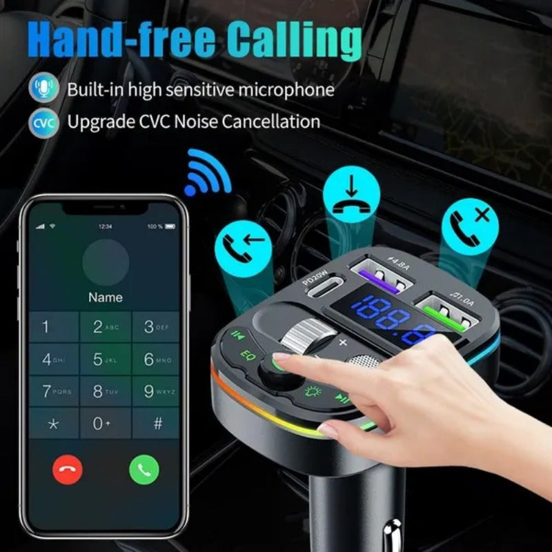 Car Charger with Wireless Transmitter USB Type-C Fast Charging for Mobile Phones