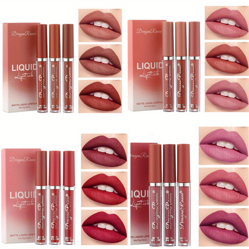 Set de brillo de labios de terciopelo para mujer, 3 piezas, lápiz labial mate hidratante, glaseado de labios