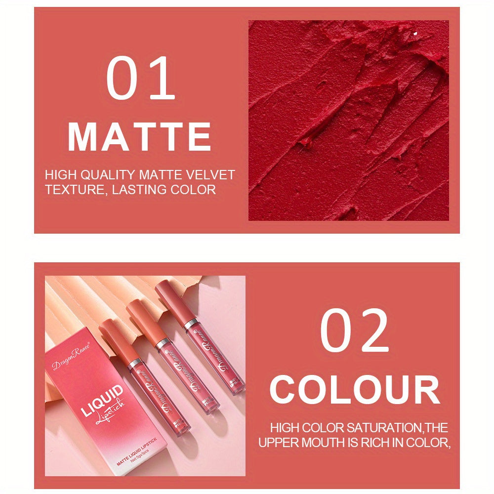 Set de brillo de labios de terciopelo para mujer, 3 piezas, lápiz labial mate hidratante, glaseado de labios
