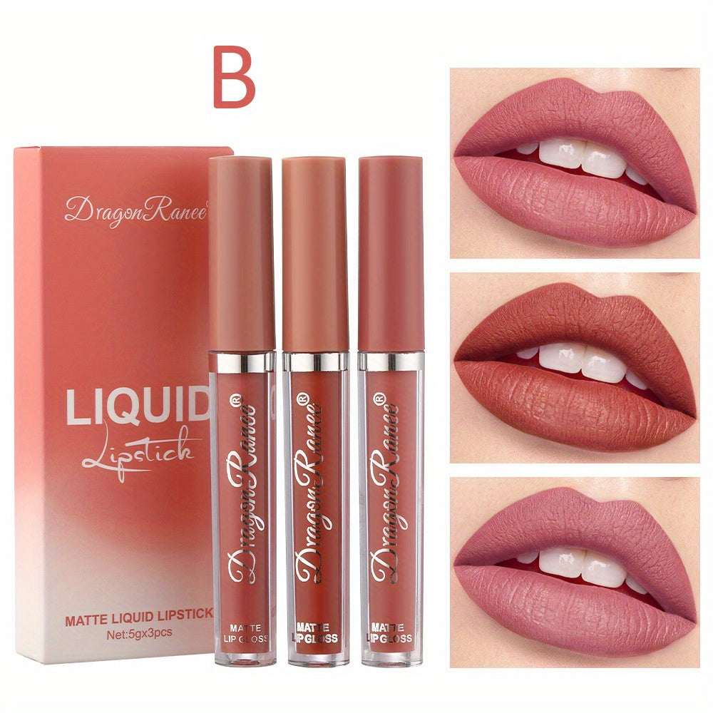 Set de brillo de labios de terciopelo para mujer, 3 piezas, lápiz labial mate hidratante, glaseado de labios