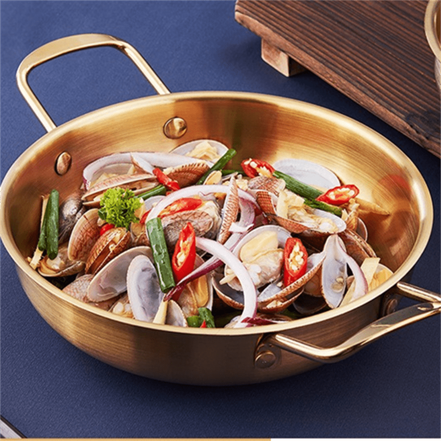 Stainless Steel Korean Ramen Pot with Golden Tone Dishwasher Safe for Soup and Seafood