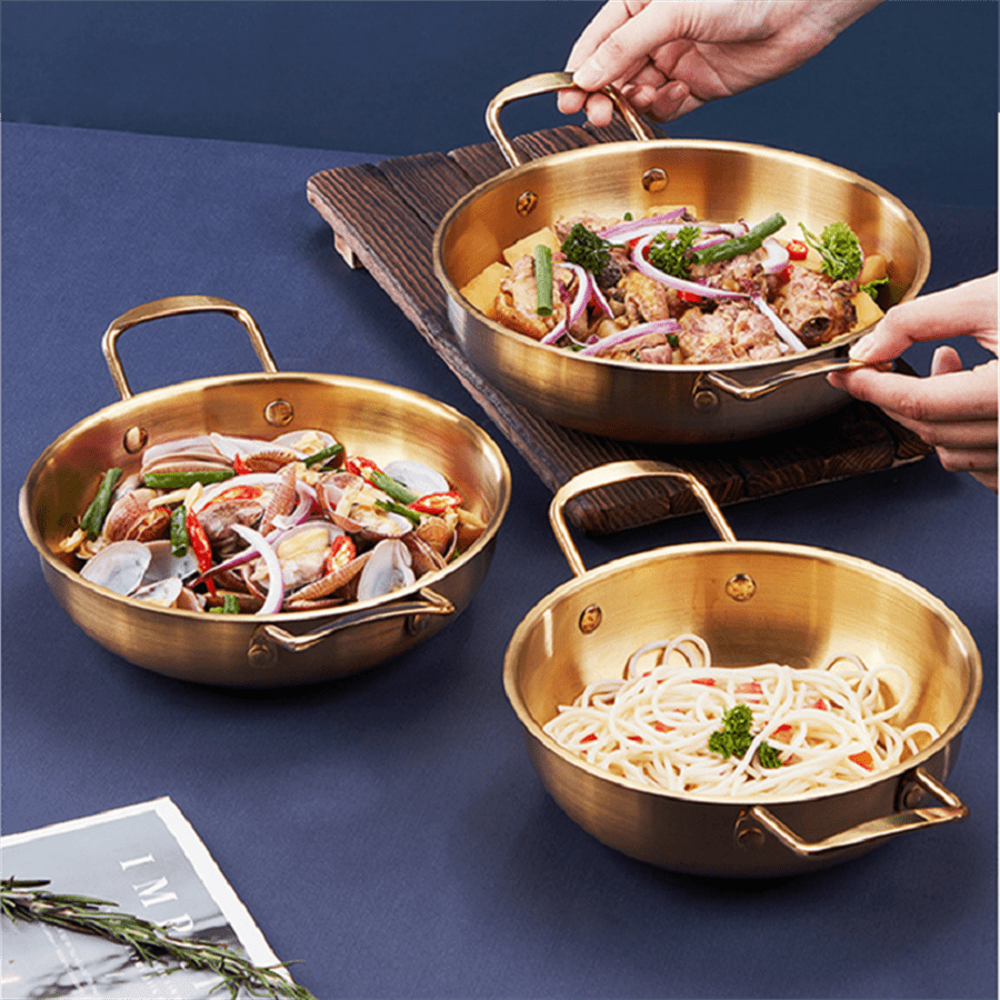 Stainless Steel Korean Ramen Pot with Golden Tone Dishwasher Safe for Soup and Seafood