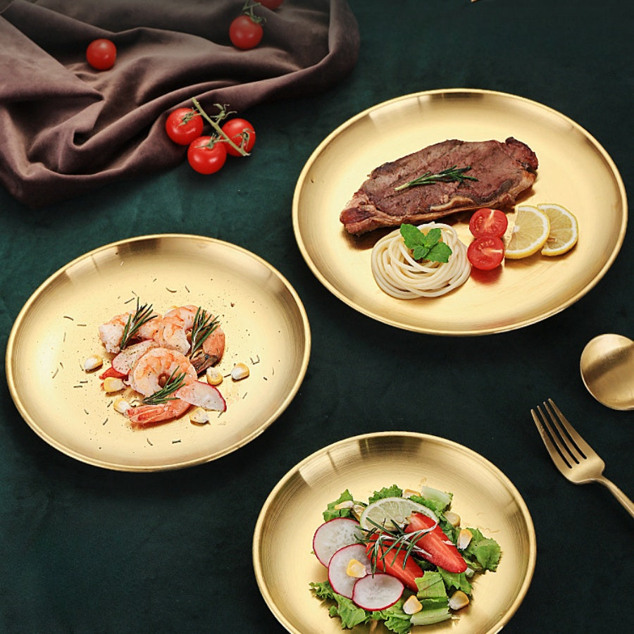 Stainless Steel Round Serving Plate with Gold Finish for Fruit Cake Hot Pot BBQ