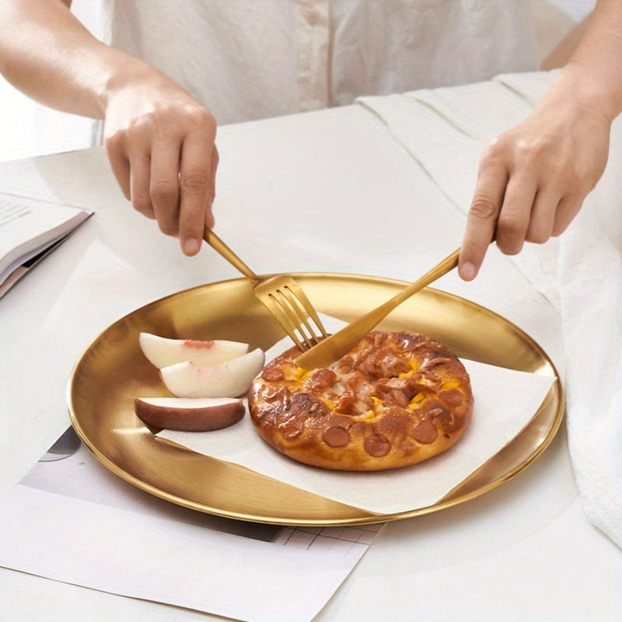 Stainless Steel Round Serving Plate with Gold Finish for Fruit Cake Hot Pot BBQ