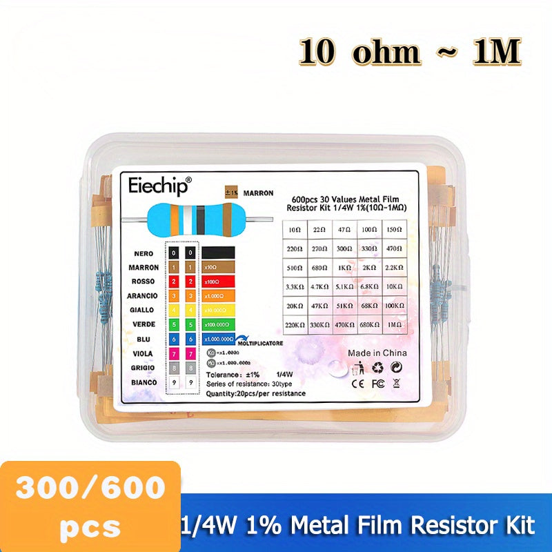 Electronics DIY Resistor Kit 300/600pcs Metal Film 1% Tolerance 10 Ohm to 1M
