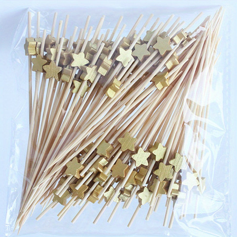 100 Artistic Bamboo Fruit Picks with Love and Plum Blossom Designs Disposable Wooden Cocktail Decorations