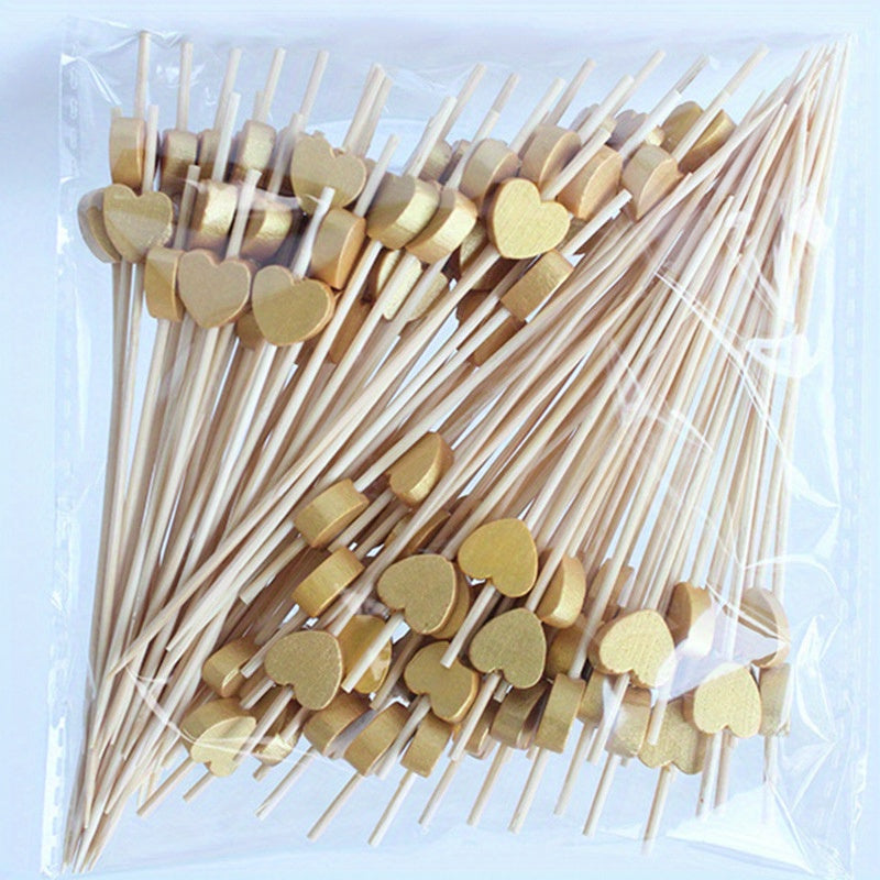 100 Artistic Bamboo Fruit Picks with Love and Plum Blossom Designs Disposable Wooden Cocktail Decorations