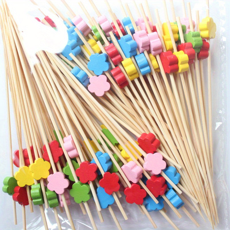100 Artistic Bamboo Fruit Picks with Love and Plum Blossom Designs Disposable Wooden Cocktail Decorations