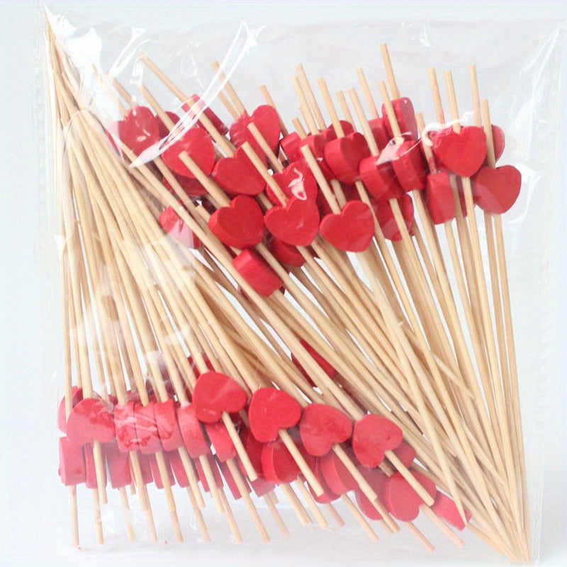100 Artistic Bamboo Fruit Picks with Love and Plum Blossom Designs Disposable Wooden Cocktail Decorations