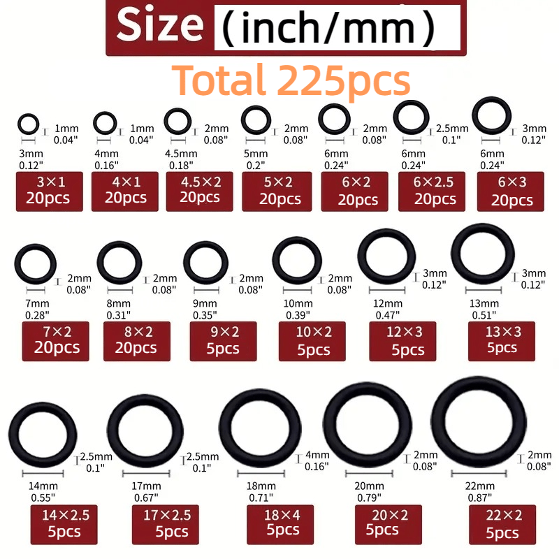 225 Pieces Rubber O-Rings Set 18 Sizes Oil-Resistant Sealing Gaskets