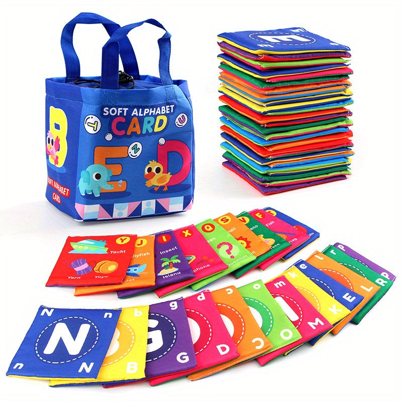 Set of 26 Educational Cloth Books for Kids Animal Letters and Numbers with Washable Storage Bag