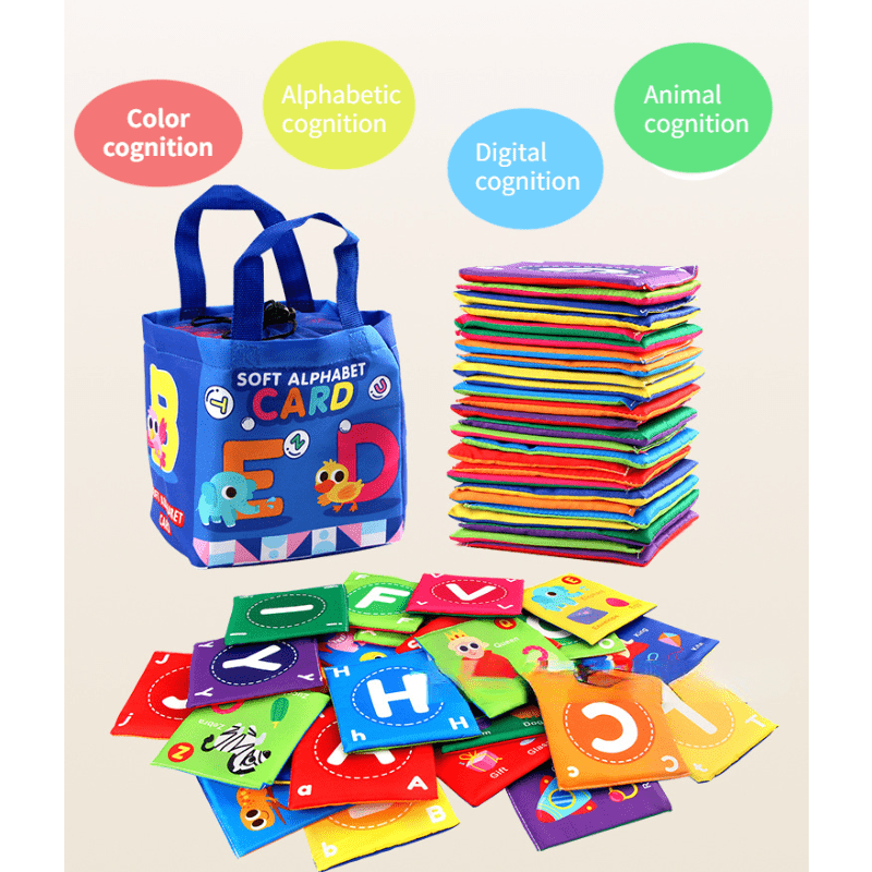 Set of 26 Educational Cloth Books for Kids Animal Letters and Numbers with Washable Storage Bag