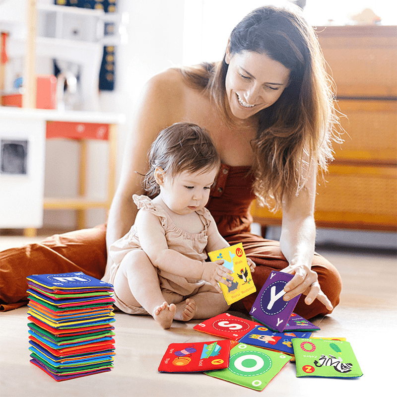 Set of 26 Educational Cloth Books for Kids Animal Letters and Numbers with Washable Storage Bag
